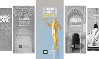 Image featuring five of the HRC Coming Home guides with the "Coming Home to Mormonism and to Self" in the center and in color while the other covers are in black and white.