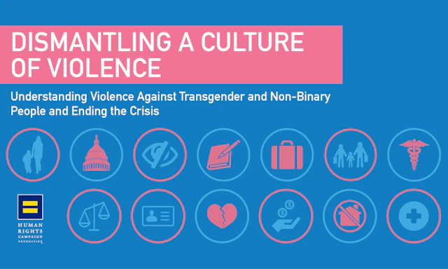 Rectangular image with text at the top that reads "DISMANTILING A CULTURE OF VIOLENCE" in all caps with smaller text below that reads "Understanding Violence Against Transgender and Non-Binary People and Ending the Crisis" Below that is two rows of small circles. Each circle has a different basic icon. Lae, medical broken heart suitcase etc.