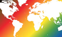 World map with rainbow in background