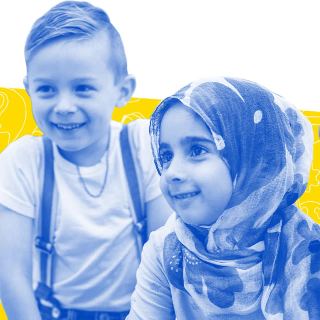 Five young kids read together. The image is a stylized collage.
