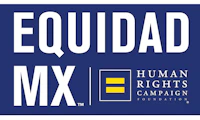 Rectangular image with large text that reads "EQUIDAD MX" in all caps with the HRC equality logo on the bottom right.