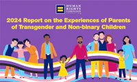 Horizontal image showing a series of diverse illustrated families. The families are on a purple background and the colors of the trans flag and non-binary flag are floating across the image. The report title "2024 Report on the Experiences of Parents of Transgender and Non-binary Children" is on the image in yellow.