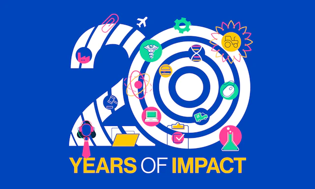 Rectangular image with a graphic featuring the number 20 with different colored icons and text below that reads "YEARS IF IMPACT" in all caps below.