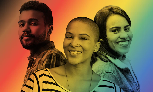 Image of three people with a rainbow color treatment