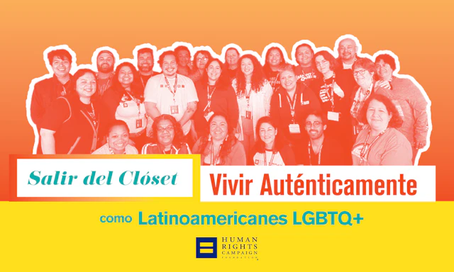 Group photo with orange color treatment used as the cover of the Latine Coming Out Guide