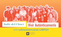 Group photo with orange color treatment used as the cover of the Latine Coming Out Guide