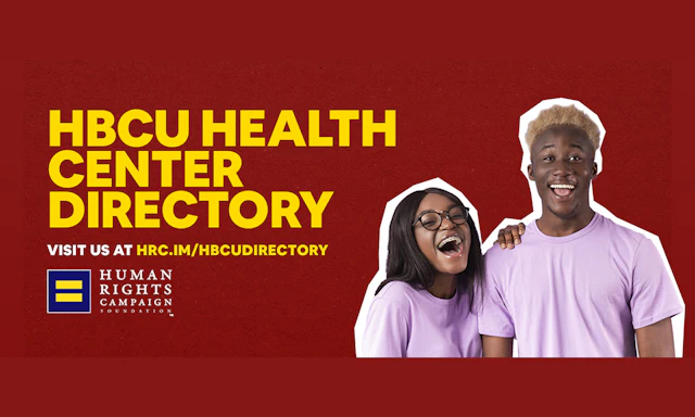 Two black college age people to the right wearing light pink t-shirts with text on the left that reads "HBCU HEALTH CENTER DIRECTORY" in all caps with small text below that reads "Visit us at HRC.im/HBCUdirectory